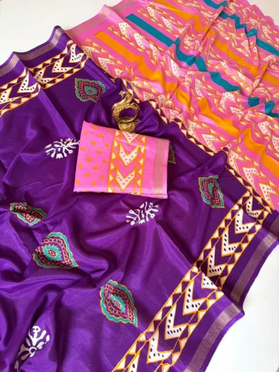 Mul Cotton Saree - Rani Pink with Peach Orange Contrast